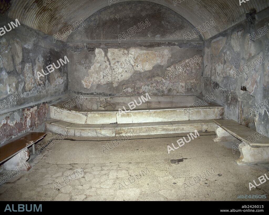 Italy. Herculaneum. Urban baths. The Central Thermae. They were built around the beginning of the 1st century AD, and divided into sections for men and women. Interior of the female "calidarium", the hot water bath. Marble pool and seating. Campania.