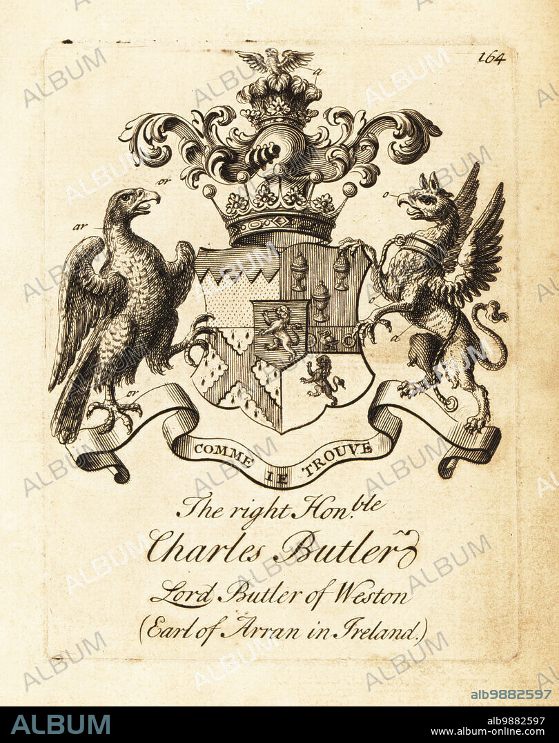 Coat of arms of the Right Honourable Lieutenant-General Charles Butler, 1st Earl of Arran, 3rd Duke of Ormonde, 1671-1758. (Charles Butler, Lord Butler of Weston, Earl of Arran in Ireland.) Copperplate engraving by Andrew Johnston after C. Gardiner from Notitia Anglicana, Shewing the Achievements of all the English Nobility, Andrew Johnson, the Strand, London, 1724.