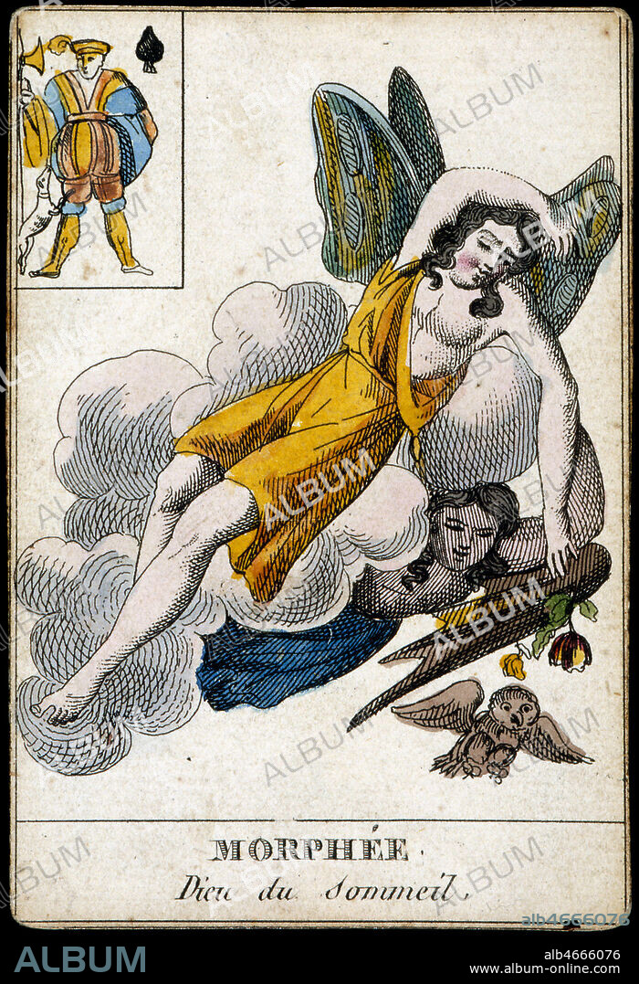 MORPHEE, dieu du sommeil dans la mythologie grecque, divinite des reves prophetiques. Jeu de cartes mythologiques debut XIXeme siecle, vers 1810. Collection IM/KHARBINE-TAPABOR.