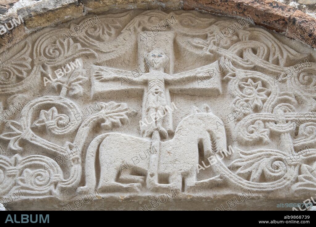 Sant'Elpidio a Mare (Italy, Marche - province of Fermo), Torre Gerosolimitana, lunette of the entrance portal with the depiction of the Triumphant Christ (bas-relief probably coming from Santa Croce al Chienti), 11th-12th century.