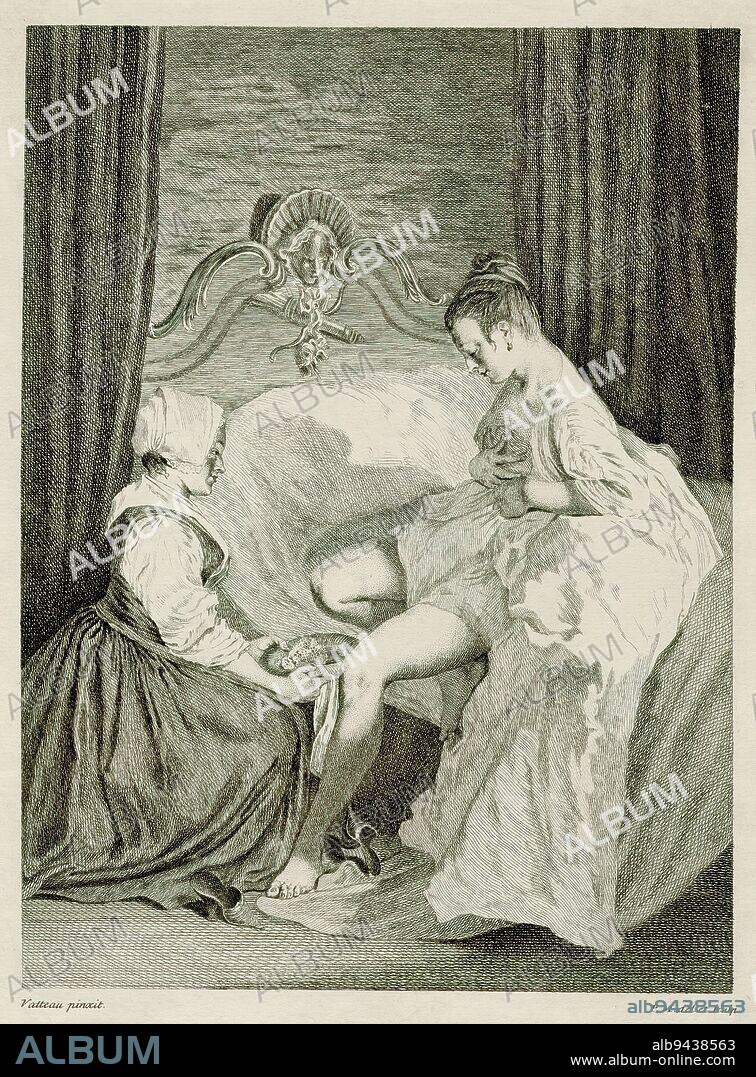 Woman at the toilet, La Toilette du Matin ou Le Lever, print maker: Philippe Mercier, (mentioned on object), after drawing by: Philippe Mercier, (mentioned on object), after painting by: Jean Antoine Watteau, (mentioned on object), France, 1699 - 1760, paper, etching, engraving, height 368 mm × width 261 mm.