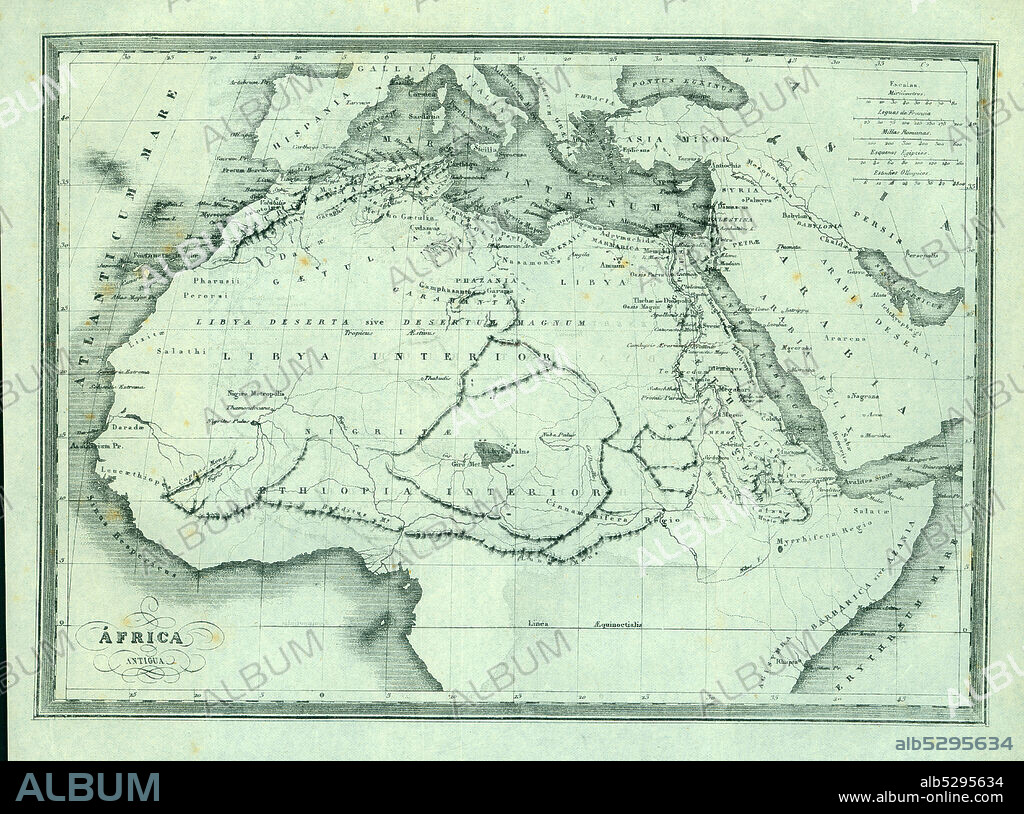 Mapa físico-político de África antigua. Grabado de 1870.