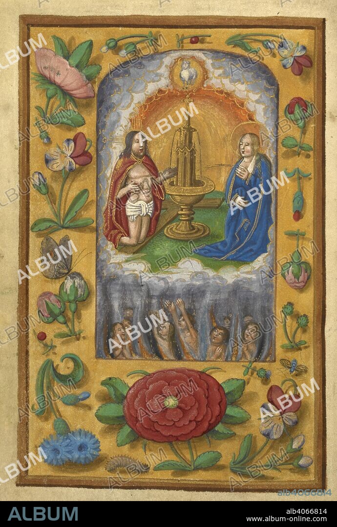 Christ and the Virgin mary. The damned below them. A floral border containing insects. MANUAL of Prayers, in Dutch, for each day in the week. 16th century. Source: Add. 20729, f.1v.