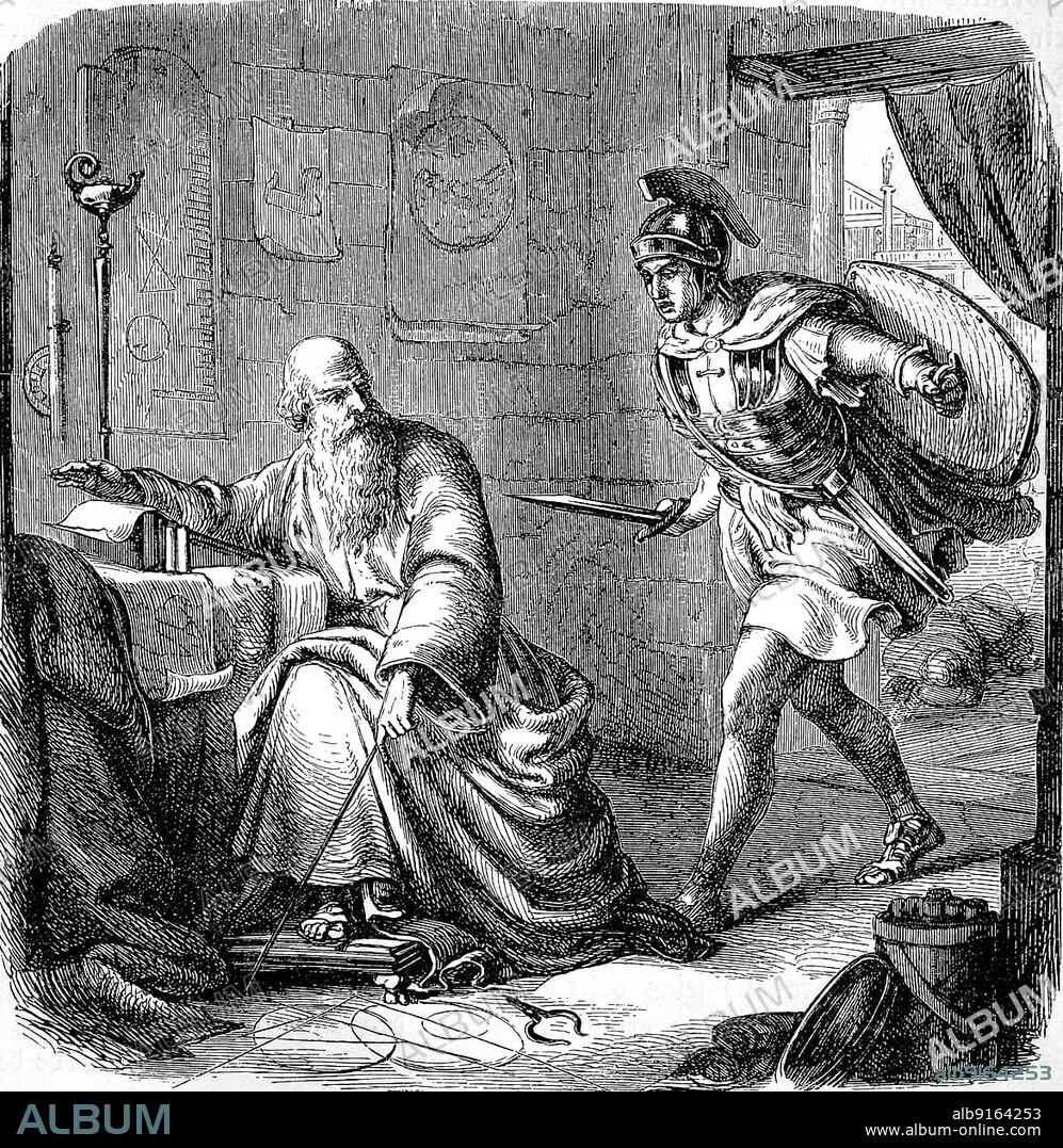 Archimedes of Syracuse, 287 BC 212 BC Ancient Greek mathematician, physicist, engineer, inventor and astronomer, killed by a Roman soldier, The History of Ancient Rome, Roman Empire, Italy, Historical, digitally restored reproduction of a 19th century original, Europe.