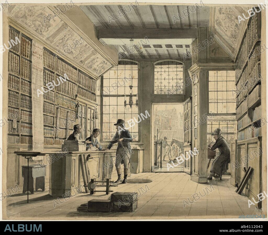 The store of the bookseller Pieter Meijer Warnars on the Vijgendam in Amsterdam. Draughtsman: Johannes Jelgerhuis. Dating: in or before 1820. Place: Amsterdam. Measurements: h 450 mm × w 570 mm.