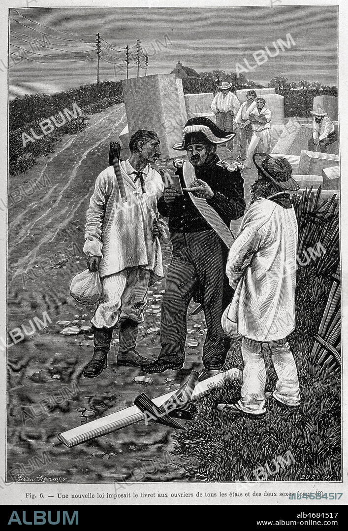 Gendarme verifiant le livret d'un ouvrier tailleur de pierre. A partir de 1854 tout ouvrier doit se deplacer avec son livret, signe par son patron, sous peine de subir une contravention. Lesouvriers sont consideres comme de potentiels revolutionniares etsurveilles particulierement . Illustration tiree de l'ouvrage de Taxile DELORD 'Histoire illustree du Second Empire', publie vers 1880 (19e, 19eme, XIXe s.) Credit : JEAN VIGNE / KHARBINE-TAPABOR.