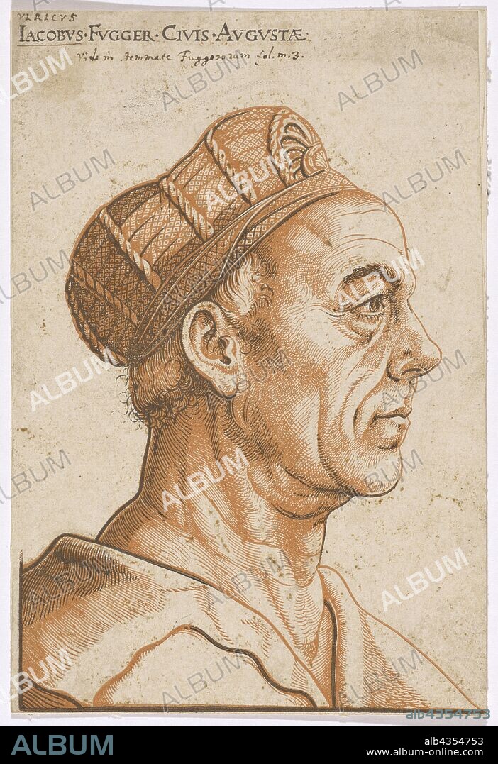 Portrait of Jakob Fugger, c. 1511, chiaroscuro woodcut of two plates (rust-red and black), page: 21.3 x 14.3 cm, O. l., designated: IACOBUS.FUGGER.CIVIS.AVGVSTAE., Hans Burgkmair d. Ä., Augsburg 1473–1531 Augsburg.