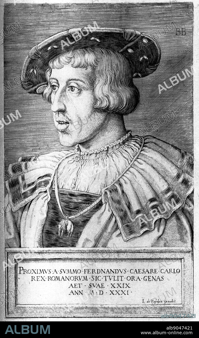 Ferdinand I, Holy Roman Emperor 10 March 1503 25 July 1564. Central European monarch from the House of Habsburg. His titles from birth were Archduke of Austria, from his father, and Infante of Castile, León, Aragon and Navarre from his mother. He ruled the Austrian Hapsburg possessions as Archduke of Austria most of his public life, at the behest of his elder brother, Charles V, Holy Roman Emperor and King of Spain. Ferdinand was Archduke of Austria from 1521-1564. After the death of his brother-in-law Louis II, Ferdinand ruled as King of Bohemia and Hungary (15261564). When Charles voluntarily retired in 1556, Ferdinand became his successor as Holy Roman Emperor (de facto in 1556, de jure in 1558). engraving by Barthel Beham (1502-1540).