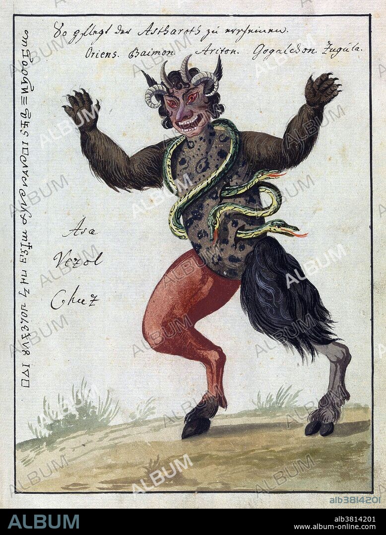 18th century demonology book showing various demon figures, as well as magic and cabbalistic signs. The full Latin title of Compendium rarissimum totius Artis Magicae sistematisatae per celeberrimos Artis hujus Magistros, roughly translates to "A rare summary of the entire Magical Art by the most famous Masters of this Art". The bulk of the illustrations depict a varied bestiary of grotesque demonic creatures up to all sorts of appropriately demonic activities, such as chewing down on severed legs, spitting fire and snakes from genitalia, and parading around decapitated heads on sticks. In addition there are illustrations relating to necromancy, the act of communicating with the dead in order to gain information about, and possibly control, the future. Written in German and Latin, on white, brown and grey-green paper, the book has been dated to around 1775, although the unknown author tried to pass it off as an older relic, mentioning the year 1057 in the title page. Demonology is the systematic study of demons or beliefs about demons. It is the branch of theology relating to supernatural beings who are not gods. It deals both with benevolent beings that have no circle of worshippers or so limited a circle as to be below the rank of gods, and with malevolent beings of all kinds. Cabala may refer to one of several systems of mysticism.