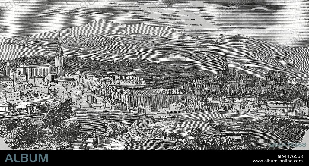 España. Asturias. Oviedo. Vista general de la ciudad. Dibujo por Urrabieta. Grabado. Crónica General de España, Historia Ilustrada y Descriptiva de sus Provincias. Tomo Asturias y León, 1867. Biblioteca Histórico Militar de Barcelona, Cataluña, España.