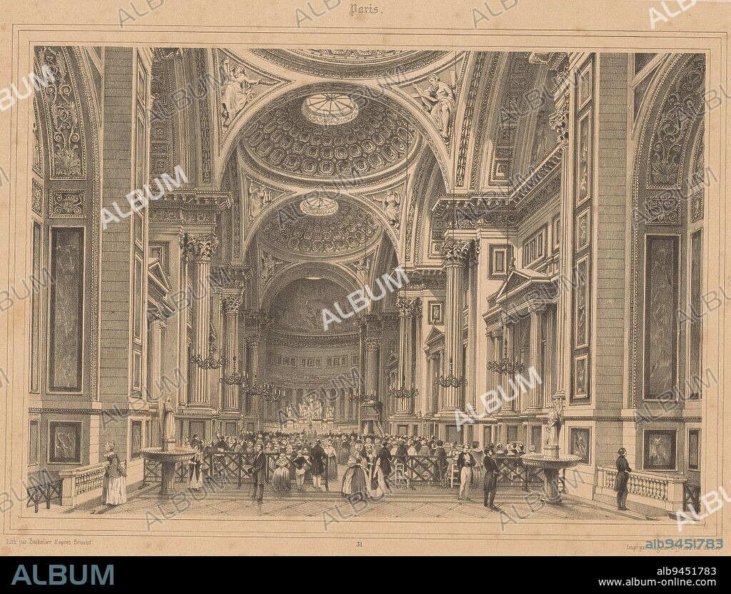 Interior of La Madeleine church Int, print maker: Charles Claude Bachelier, (mentioned on object), Philippe Benoist, (mentioned on object), printer: Auguste Bry, (mentioned on object), Paris, 1845 - 1847, paper, h 309 mm × w 449 mm.