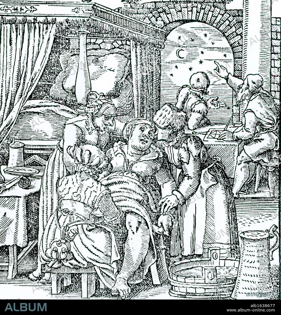 Astrologers casting a horoscope for the child being born to the woman in the foreground seated in a birthing chair. She is supported by two women while the midwife delivers the baby. From Jacob Rueff De conceptu et generatione hominis, Frankfort-am-Main, 1587.