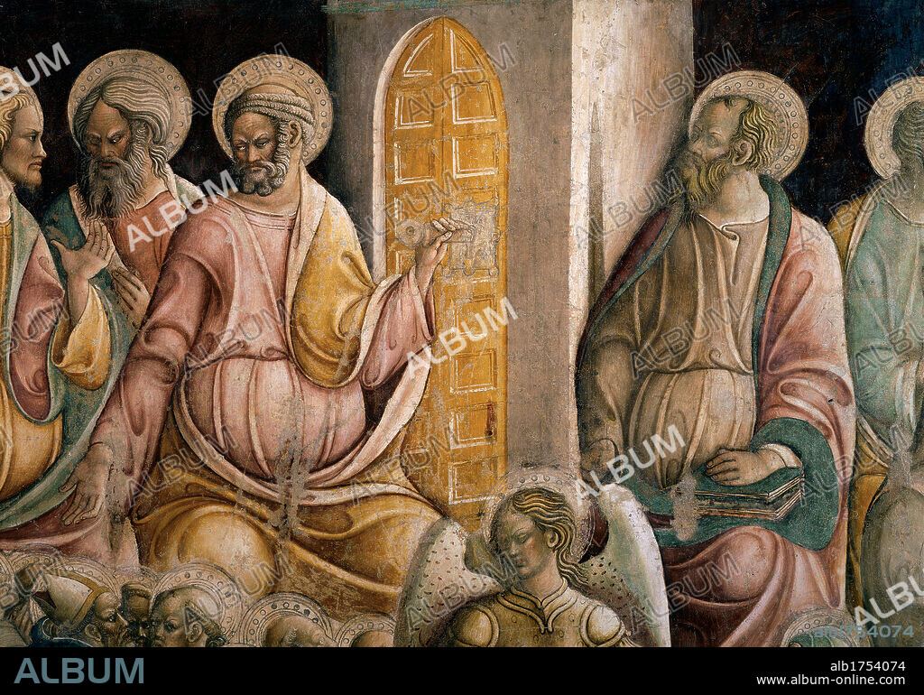 Paradise, by Bartolomeo di Tommaso, 15th Century, fresco. Italy, Umbria, Terni, San Francesco Church. Detail. Top left door angels saints men beard.