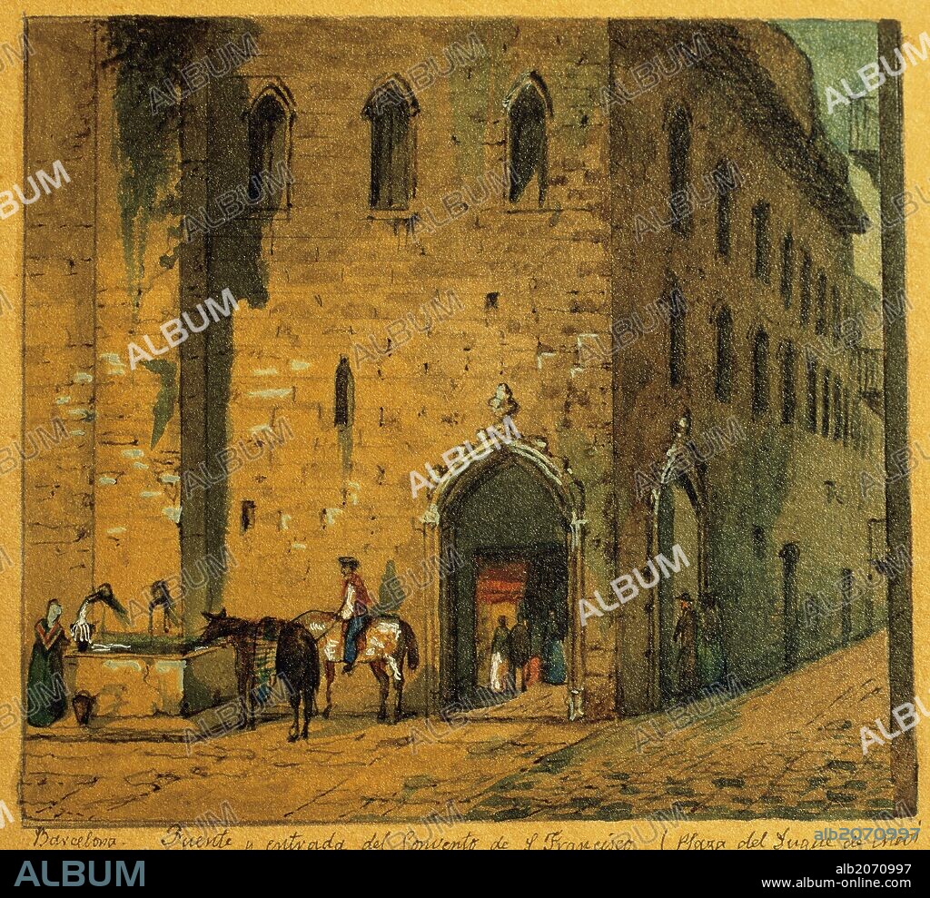 CIUDAD DE BARCELONA. "PLAZA DEL DUQUE DE MEDINACELI. FUENTE Y ENTRADA AL CONVENTO DE SAN FRANCISCO". Grabado de la primera mitad del siglo XIX. Dibujo de G. Mosteyrin. Museo de Historia de la Ciudad. Barcelona. Cataluña.