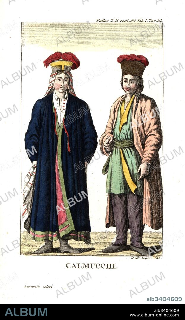 Kalmyk man and woman in traditional costume. Illustration from Peter Simon Pallas’ Travels through the southern provinces of the Russia Empire, 1812. Copperplate engraving by Dell'Acqua handcoloured by Lazaretti from Giovanni Battista Sonzogno’s Collection of the Most Interesting Voyages (Raccolta de Viaggi Piu Interessanti), Milan, 1815-1817.