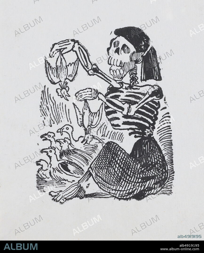 José Guadalupe Posada, A skeleton selling plucked chickens from a broadside entitled 'Una Calavera Chusca', José Guadalupe Posada (Mexican, 1851-1913), ca. 1880-1910, Wood engraving, Sheet: 4 1/4 - 3 9/16 in. (10.8 - 9 cm), Image: 3 1/8 - 2 3/8 in. (8 - 6 cm), Prints.
