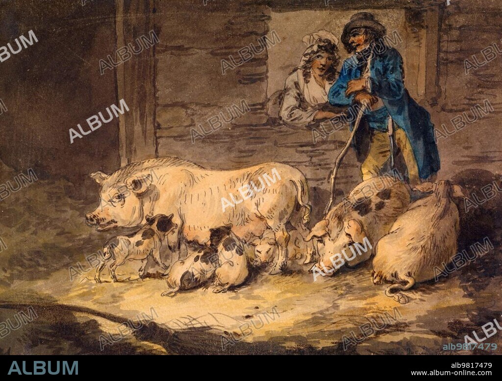 Pigs and mother sow with her litter; piglets; farmer and woman; 1790; England; Historic; digitally restored reproduction from a 19th century original.