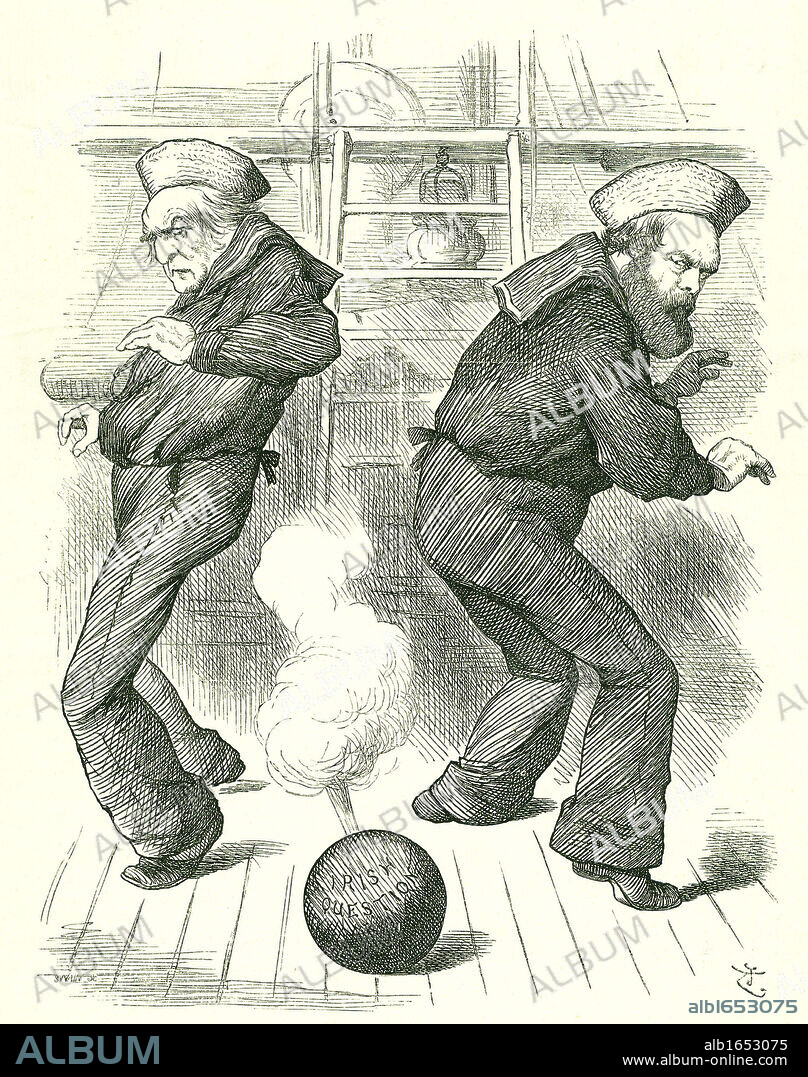The Live Shell: Salisbury's (right) administration resigned in January to be followed in February by the third Gladstone (left) administration. Neither politician relished dealing with the problems of Ireland. John Tenniel cartoon from Punch, London, 30 January 1886.