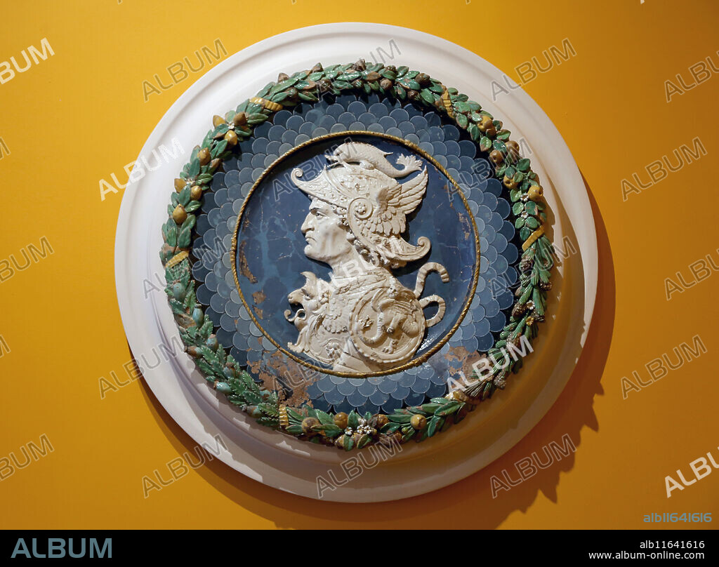 Head of Darius III, king of Persia. Polychromed glazed clay, medaillon 16th cent. Andrea Della Robbia workshop. Arte Antiga, Lisbon.