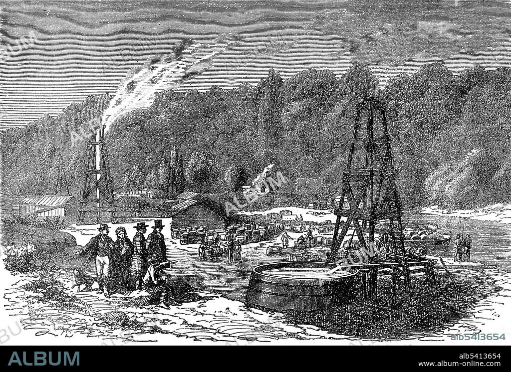 The oil rush in America started in Titusville, Pennsylvania, in the Oil Creek Valley when Edwin L. Drake struck rock oil in 1859. Titusville and other towns expanded rapidly as oil wells and refineries shot up across the region. Oil became one of the most valuable commodities in the US and railroads expanded into Western Pennsylvania to ship petroleum to the rest of the country. By the mid-1870s, the oil industry was well established. Pennsylvania oil production peaked in 1891. Chemistry, Developed by Facts and Principles Drawn Chiefly from the Non-Metals by John Howard Appleton, 1884 (cropped and cleaned).