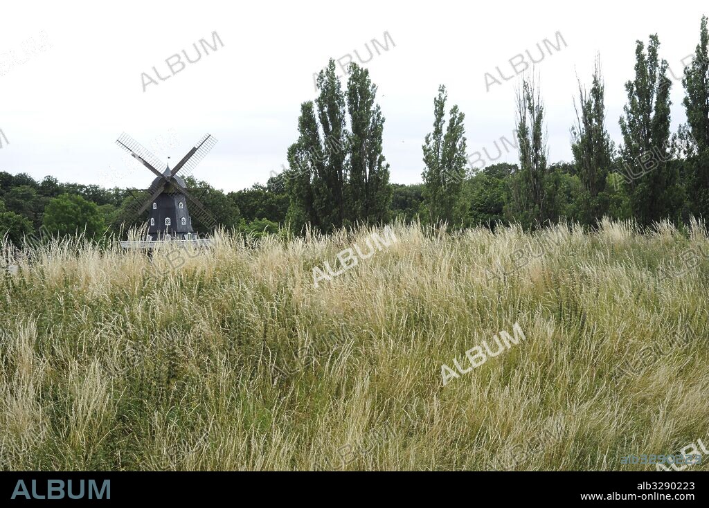 SUECIA. MALMO. Paisaje de los alrededores del castillo de Malmo, con un tradicional molino de viento.