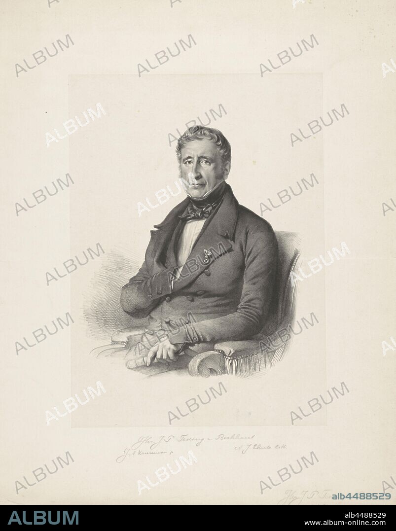 Portrait of Jan Pieter Teding van Berkhout, The portrayed sitting in a chair and has put his right hand in his coat. He has a book in his left hand. He wears a knighthood on the lapel of his coat., Historical persons ((full) bust portrait), knighthood order, book, Jan Pieter Teding van Berkhout, Adrianus Johannes Ehnle, 1829 - 1863, paper, h 555 mm × w 440 mm.