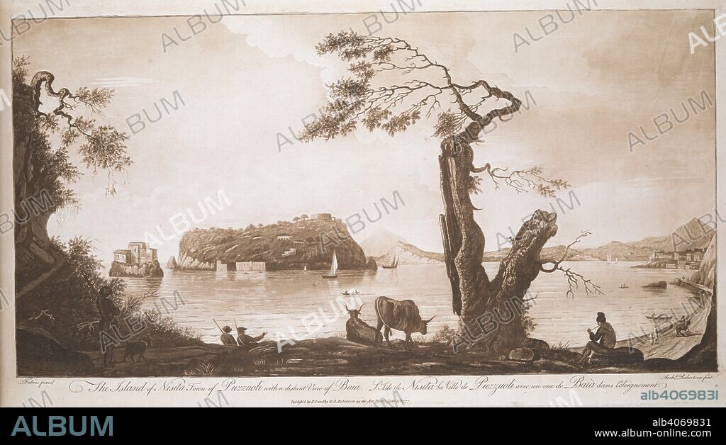 PETER FABRIS. A shepherd and a group of hunters rest by the sea in the foreground, with the Island of Nisida in the background on the left and a beach, a view of Pozzuoli and Baia on the right. The Island of Nisita Town of Puzzuoli with a distant View of Baia = L'Isle de Nisita la Ville de Puzzuoli avec une vue de Baia dans l'eloignement. [London] : Publish'd by P. Sandby & A. Robertson as the Act directs. June 1st. 1777, [June 1 1777]. Aquatint, etching and engraving, printed in sepia. Source: Maps 7.Tab.60, plate 6. Language: English and French.