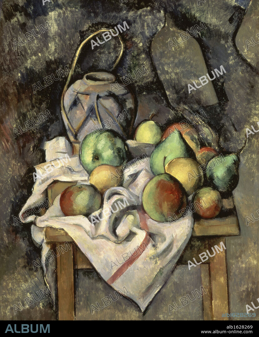 PAUL CÉZANNE. Ginger Jar and Fruit  (Le Vase Paill)  c. 1895  Paul Cezanne (1839-1906 French)  Oil on Canvas  Barnes Foundation, Merion, Pennsylvania, USA.