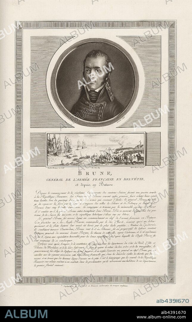 Brune, général de l'armée française en Helvétie, et depuis en Batavie, Portrait of Guillaume-Marie-Anne Brune and English troops leave Holland after the surrender of Alkmaar, signed: Levachez sculp, Duplessi-Bertaux inv. Et del, Duplessi-Bertaux aqua forti, Fig. 64, p. 9 (Constitution de la République), Levachez, Charles François Gabriel (sc.); Duplessi Bertaux, Jean (inv. et del.; aqua forti), Collection complète des tableaux historiques de la Révolution française en trois volumes [...]. Bd. 3. A Paris: chez Auber, Editeur, et seul Propriétaire: de l'Imprimerie de Pierre Didot l'aîné, an XI de la République Francçaise M. DCCCII.
