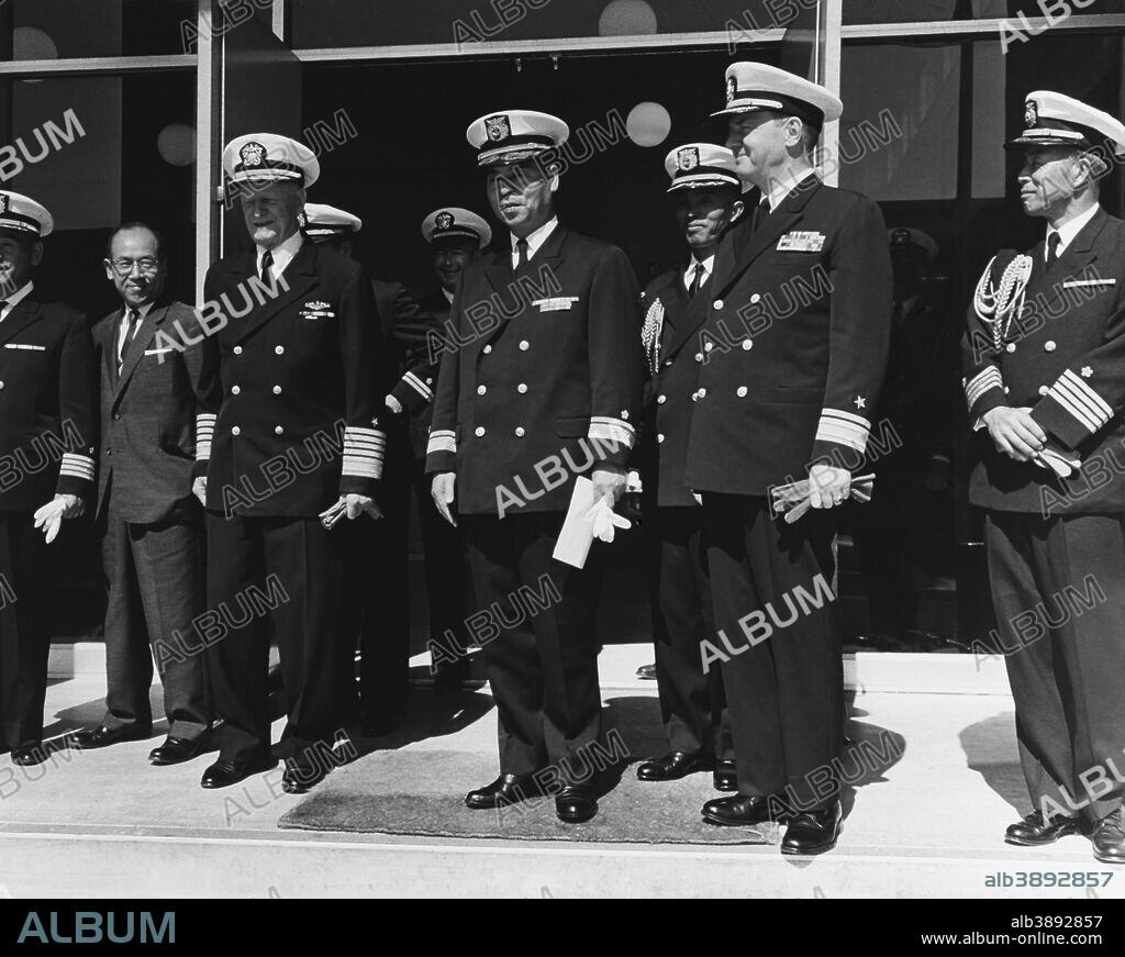 August 13, 1964 - Fleet Admiral Chester W. Nimitz of the U.S. Navy with officers of the Japanese training squadron which visited San Francisco, California.