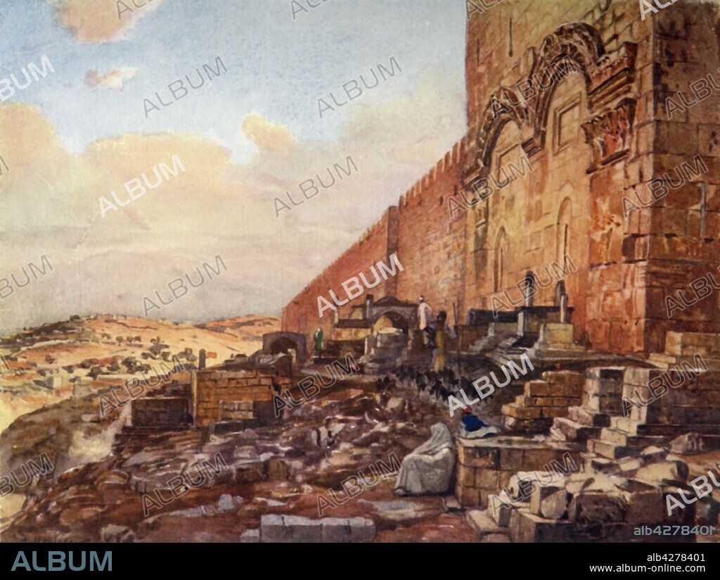 'Jerusalem.- Exterior of the Golden or Beautiful Gate', 1902. Suleiman the Magnificent sealed the gate in 1541, maybe for defensive reasons, but in Jewish tradition, this is the gate through which the Messiah would enter Jerusalem and it could have been sealed to prevent the Messiah's entrance.  From "The Holy Land", painted by John Fulleylove, R.I. [Adam & Charles Black, London, 1902].