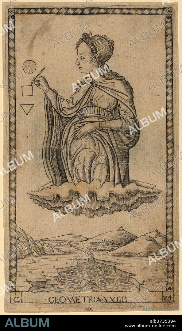 MASTER OF THE E-SERIES TAROCCHI. Geometria (Geometry). Dated: c. 1465. Dimensions: sheet: 18.5 x 10.5 cm (7 5/16 x 4 1/8 in.). Medium: engraving with traces of gilding.