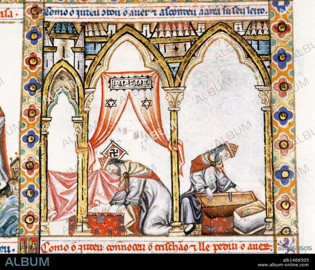 CANTIGAS DE SANTA MARIA. Obra personal del rey ALFONSO X "EL SABIO" (Toledo,1221-Sevilla,1284). Colección de 430 poemas. Detalle de una de sus miniaturas con la representación de COMERCIANTES JUDIOS. Biblioteca de El Escorial. Comunidad de Madrid. España. PATRIMONIO NACIONAL.