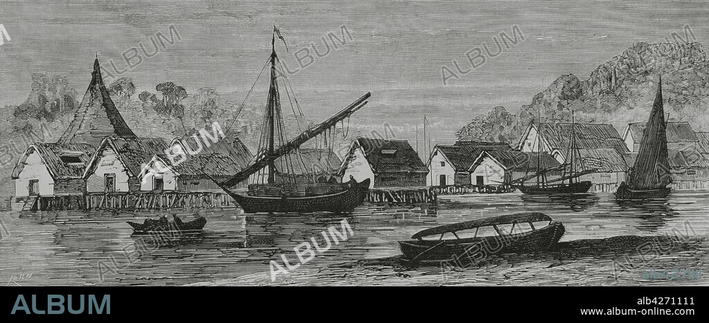 Sureste Asiático. Cuestión de la Isla de Borneo. Puerto y población de Brunei, capital de la sultanía de Malay. Grabado por Bernardo Rico (1825-1894). La Ilustración Española y Americana,15 de diciembre de 1881.
