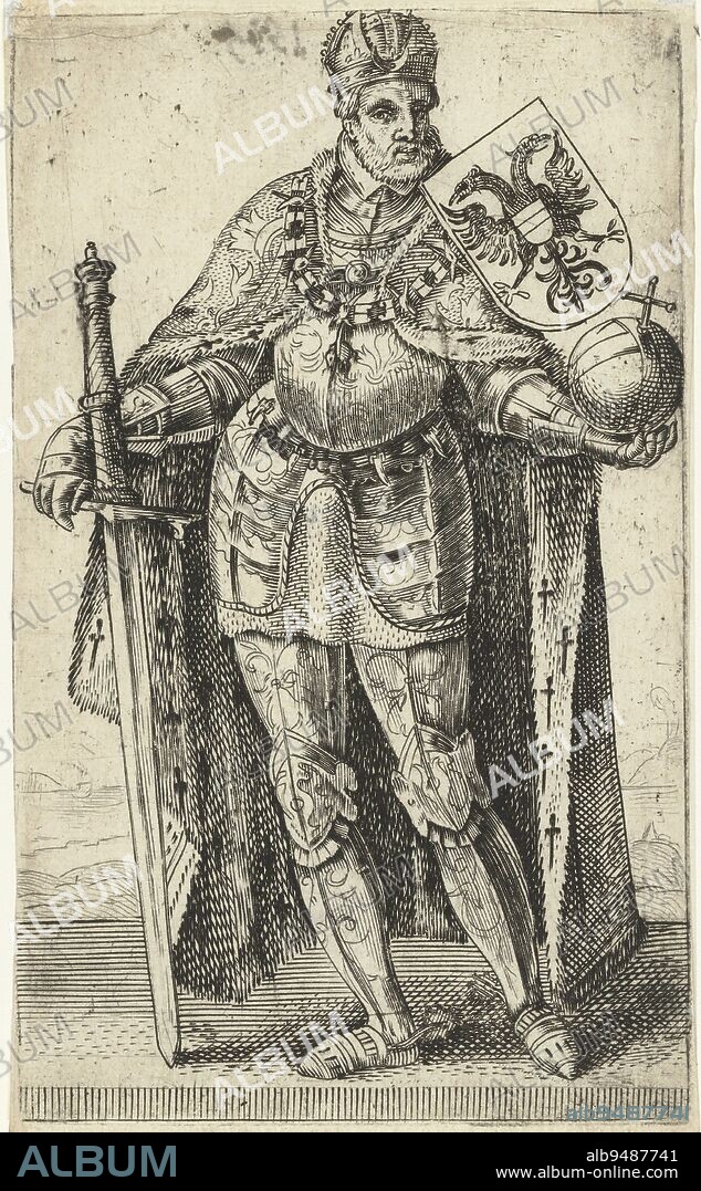 Portrait of Charles V of Habsburg, German Emperor, King of Spain, standing in armor with imperial apple, sword and coat of arms. Print from a series of 36 prints with full-length portraits of counts and countesses of Holland, Portrait of Charles V of Habsburg, German emperor, king of Spain Counts and countesses of Holland , print maker: Adriaen Matham, Haarlem, 1620, paper, engraving, h 130 mm × w 80 mm.