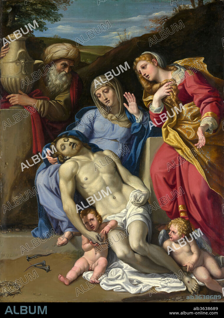 The Lamentation. Artist: Domenichino (Domenico Zampieri) (Italian, Bologna 1581-1641 Naples). Dimensions: 20 7/8 x 14 3/4 in. (53 x 37.5 cm). Date: 1603.
This beautifully preserved picture was painted by Domenichino a year after he moved from his native Bologna to Rome. The composition repeats that of a large altarpiece designed by Annibale Carracci for the church of San Francesco a Ripa, Rome (now in the Louvre, Paris) and this explains why, in the past, the picture was ascribed to Annibale rather than to Domenichino. Annibale greatly admired the talent of his young assistant, who in this picture outstripped his master in creating a mood of restrained but poignant grief. The turbaned figure of Joseph of Arimathea with an urn was Domenichino's personal interpolation.