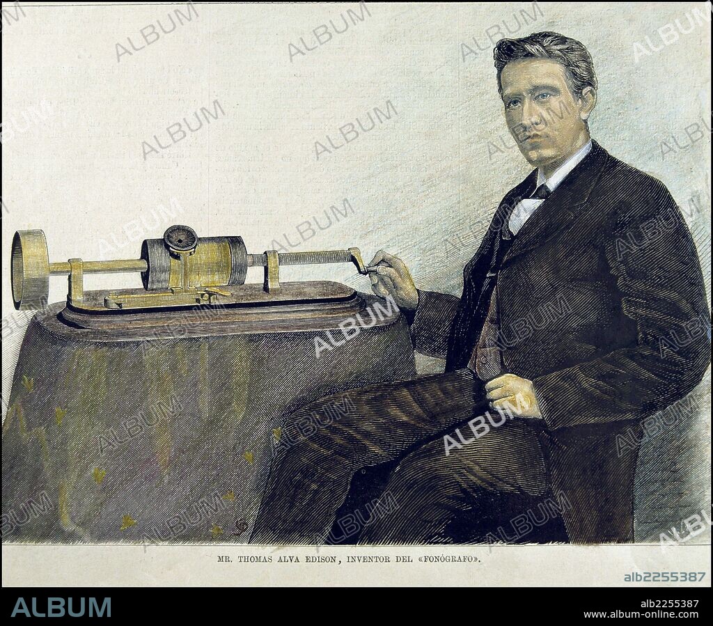 EDISON , THOMAS ALVA. INVENTOR DE ESTADOS UNIDOS. 1847 - 1931. " EDISON JUNTO A SU FONOGRAFO ". GRABADO COLOREADO DE LA ILUSTRACION ESPAÑOLA Y AMERICANA.