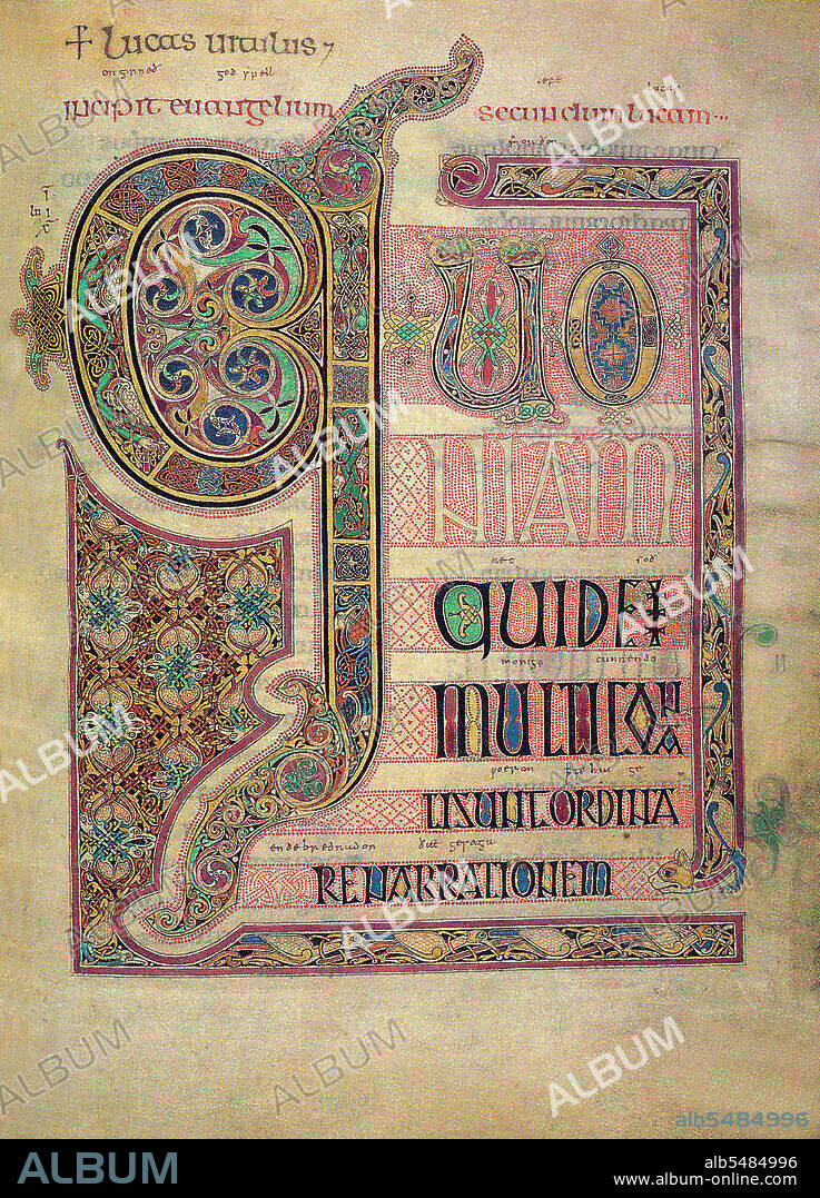 The Lindisfarne Gospels is an illuminated manuscript gospel book produced around the year 700 CE in a monastery on Lindisfarne Island, off the coast of Northumberland. It is now on display in the British Library in London. The manuscript is one of the finest works in the unique style of Hiberno-Saxon or Insular art, combining Mediterranean, Anglo-Saxon and Celtic elements. The Lindisfarne Gospels are presumed to be the work of a monk named Eadfrith, who became Bishop of Lindisfarne in 698 and died in 721. Current scholarship indicates a date around 715, and it is believed they were produced in honour of St. Cuthbert. However, it is also possible that Eadfrith produced them prior to 698, in order to commemorate the elevation of Cuthbert's relics in that year, which is also thought to have been the occasion for which the St Cuthbert Gospel was produced. The Gospels are richly illustrated in the insular style, and were originally encased in a fine leather binding covered with jewels and metals made by Billfrith the Anchorite in the 8th century. During the Viking raids on Lindisfarne, however, this cover was lost, and a replacement was made in 1852. The text is written in insular script. In the 10th century an Old English translation of the Gospels was made: a word-for-word gloss inserted between the lines of the Latin text by Aldred, Provost of Chester-le-Street. This is the oldest extant translation of the Gospels into the English language. The Gospels may have been taken from Durham Cathedral during the Dissolution of the Monasteries, ordered by Henry VIII, and were acquired in the early 17th century by Sir Robert Cotton from Thomas Walker, Clerk of the Parliaments. Cotton's library came to the British Museum in the 18th century, and from there to the British Library in London when this was separated from the British Museum.
