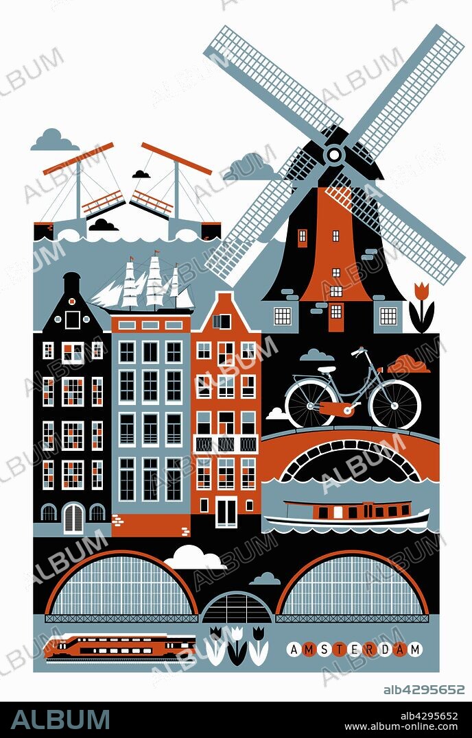 Tourism montage of famous landmarks in Amsterdam.