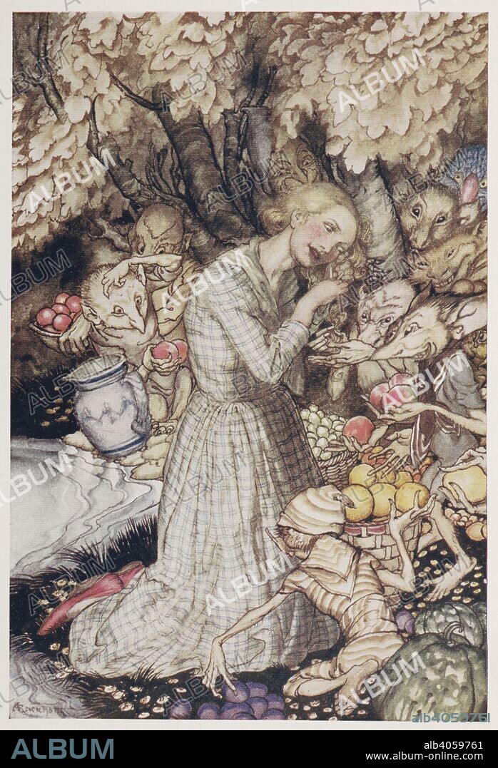 CHRISTINA GEORGINA ROSSETTI and ARTHUR RACKHAM. Illustration of a girl with goblins under a tree. Goblin Market ... Illustrated by Arthur Rackham. London : G. G. Harrap & Co., 1933. Source: 11643.cc.64 frontispiece.