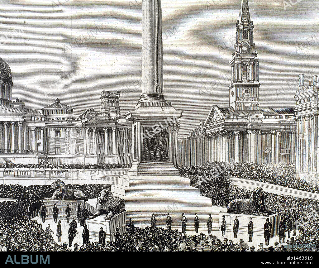 HISTORIA DE INGLATERRA. SIGLO XIX. LONDRES. Aspecto de Trafalgar Square al celebrarse el "meeting" de los obreros sin trabajo. Grabado por Rico en "La Ilustración Española y Americana", 1886.