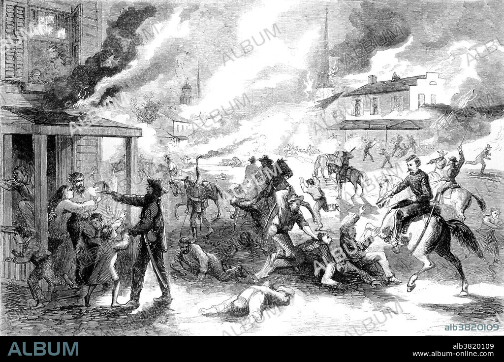 Entitled: "The destruction of the city of Lawrence, Kansas, and the massacre of its inhabitants by the Rebel guerrillas, August 21, 1863." Quantrill's raid on the free-state town of Lawrence, Kansas was a defining moment in the border conflict. At dawn on August 21, 1863, a group of roughly 400 Confederate guerrillas entered the sleeping town with lists of men to be killed and buildings to be burned. His men burned to the ground a quarter of the buildings in Lawrence, including all but two businesses. They looted most of the banks and stores and killed between 185 and 200 men and boys. While many of the victims of the raid had been specifically targeted beforehand, executions were more indiscriminate among segments of the raiders. Survivors reported that one man was shot while in the arms of his pleading wife, that another was killed with a toddler in his arms, that a group of men who had surrendered under assurances of safety were then gunned down, and that a pair of men were bound and forced into a burning building where they died in horrible agony. The Lawrence Massacre was one of the bloodiest events in the whole history of Kansas. Harper's Weekly, September 5, 1863.