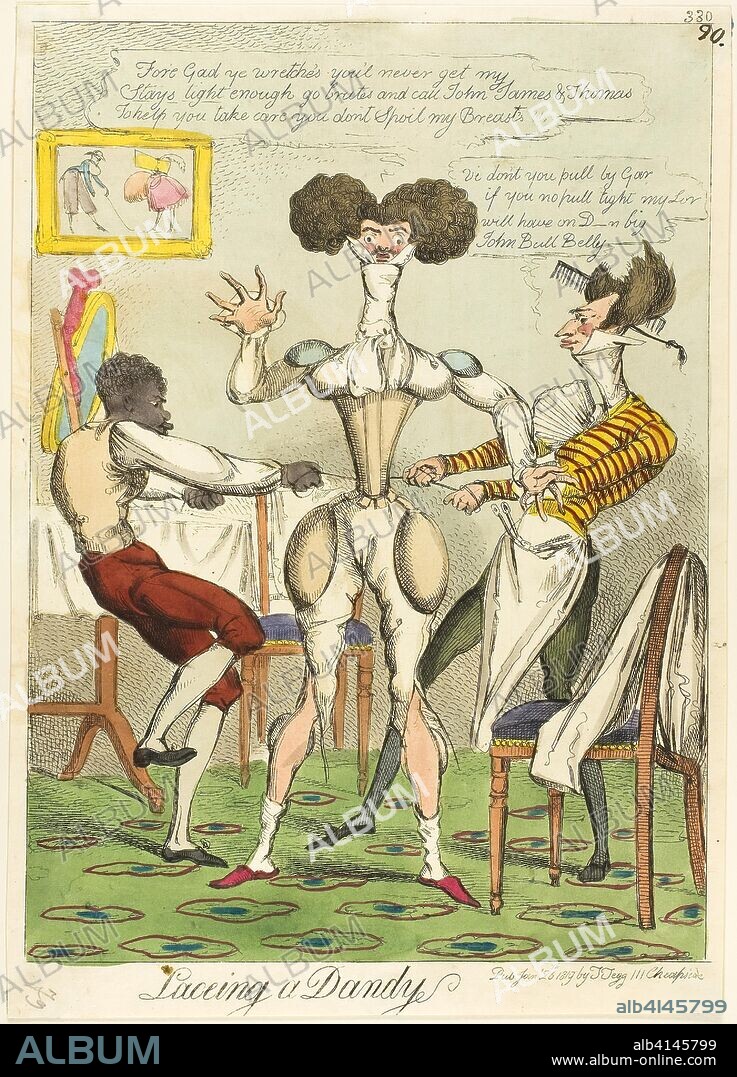 Lacing a Dandy. Unknown Artist (English); published by Thomas Tegg (English, 1776-1845). Date: 1819. Dimensions: 300 × 216 mm (image); 322 × 228 mm (sheet); plate mark not visible. Handcolored etching on cream wove paper. Origin: England.