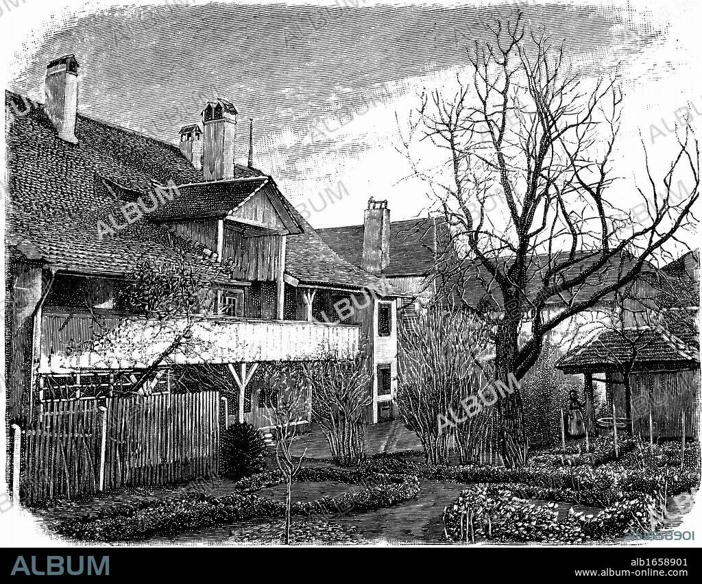 (Jean ) Louis (Rodolphe) Agassiz (1807-1873) Swiss-born American naturalist and glacioogist. His birthplace at Motier, Switzerland. From Elizabeth Cary Agassiz "Louis Agassiz: His Life and Correspondence" Boston 1885. Engraving.