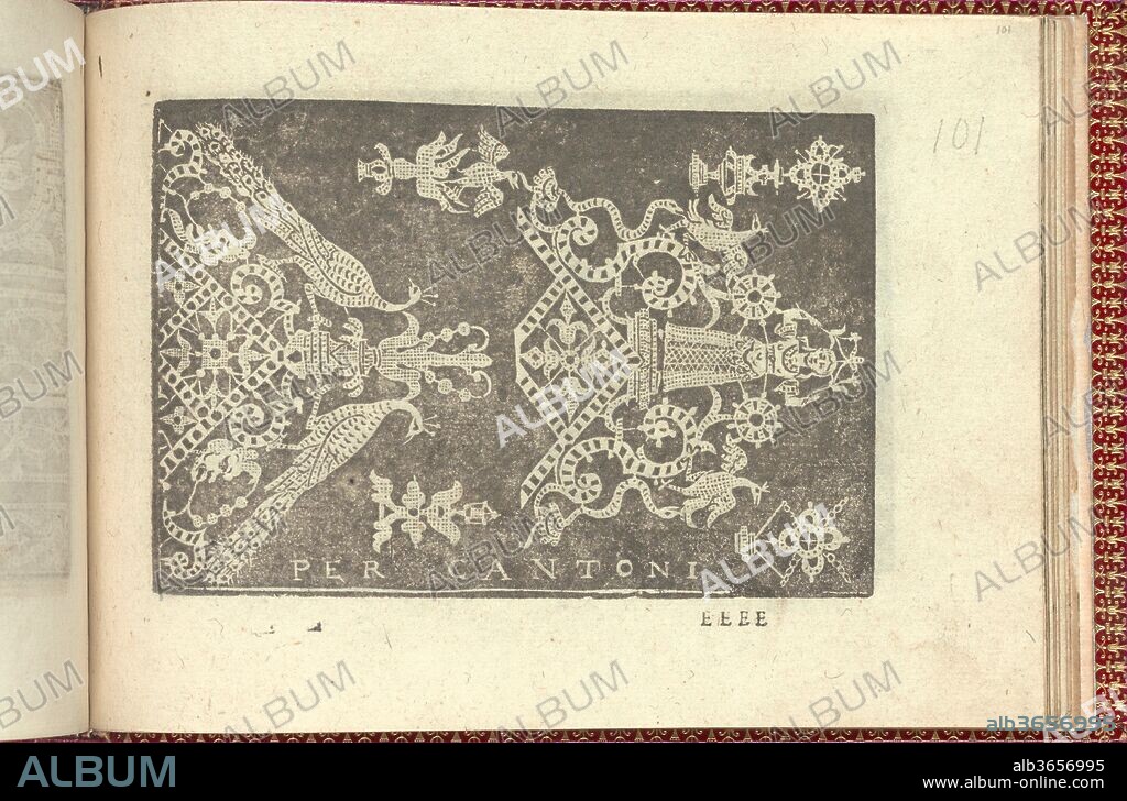 Corona delle Nobili et Virtuose Donne: Libro I-IV, page 101 (recto). Dimensions: Overall: 5 1/2 x 7 11/16 in. (14 x 19.5 cm). Published in: Venice. Publisher: Cesare Vecellio (Italian, Pieve di Cadore 1521-1601 Venice) , Venice. Date: 1601.
Published by Cesare Vecellio, Italian, Pieve di Cadore 1521-1601 Venice, Venice.
From top to bottom, and left to right:
Design is decorated with 2 triangular motifs. Left motif is decorated with a central floral element that is framed above by 2 peacocks that flank a central flower in a vase. Right motif is decorated with a central floral motif that is framed above by S-shaped vines, snakes, birds, and female figure in the center. There is an inscription printed in white along the bottom border.