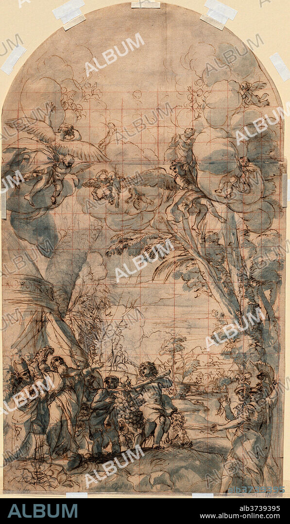 GIACINTO CALANDRUCCI. The Spies Returning from Canaan. Dated: 1690s(?). Dimensions: sheet: 58.7 × 33.3 cm (23 1/8 × 13 1/8 in.) (arched top). Medium: pen and brown ink with blue wash over black chalk, squared for transfer with red chalk, on laid paper.