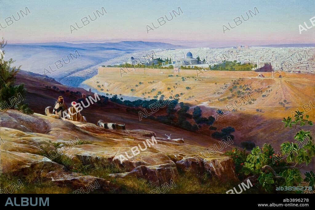 EDWARD LEAR. Jerusalem from the Mount of Olives. Date/Period: 1858-1859. Painting. Oil on paper mounted on canvas. Height: 45.5 cm (17.9 in); Width: 74.5 cm (29.3 in).