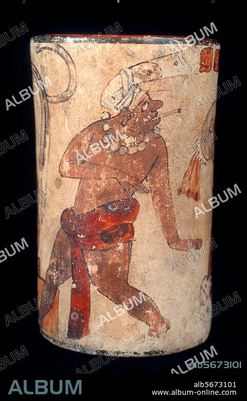 Maya culture, Late Classic, 700-800 AD. Cylindrical vessel with smoking figure. Clay, painted. Height 14.4cm, diameter 10.5cm. Origin: Tikal, El Petén, Guatemala, structure 5D-73, tomb 196. Inv. no. 117A-2/36. Tikal, Museo Sylvanus G. Morley.