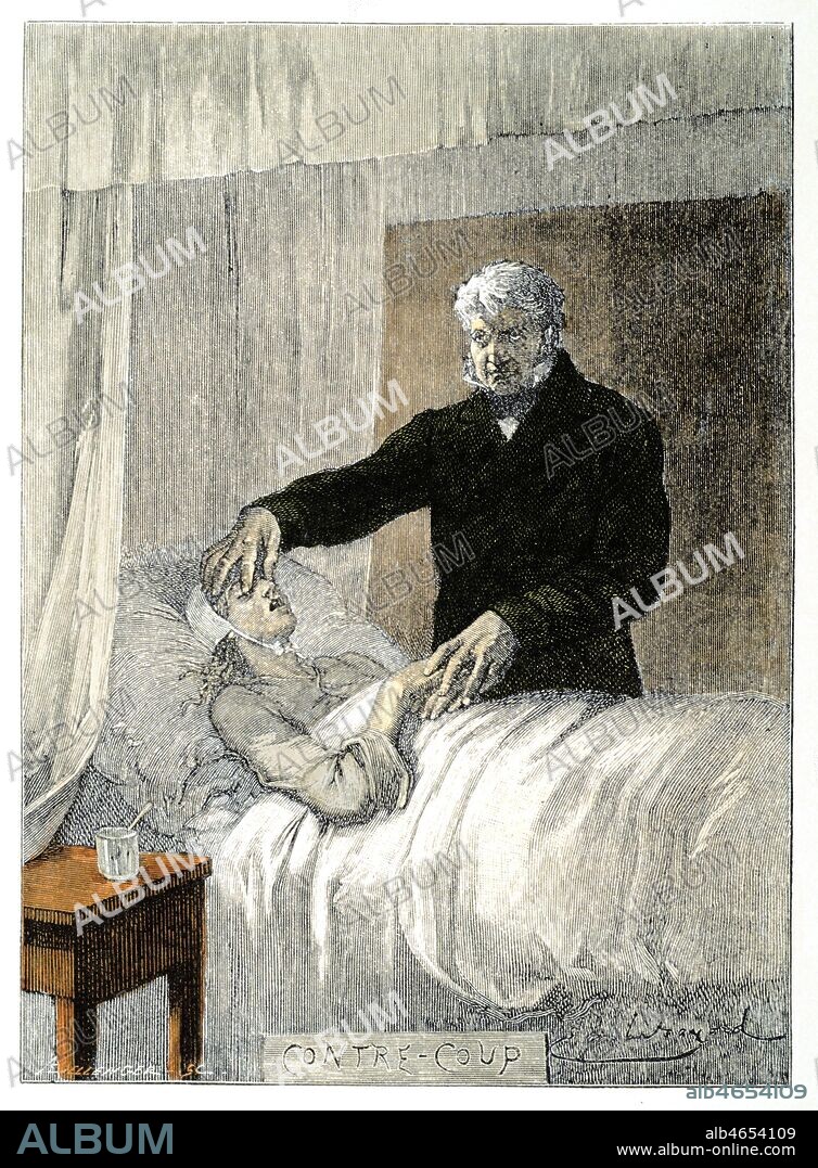 Jean Valjean assiste a la mort de Fantine et lui fait la promesse de s'occuper de sa fille Cosette in les Miserables de Victor HUGO (1802-1885). Illustration d'Emile BAYARD (1837-1891) vers 1880. Credit: Collection KHARBINE-TAPABOR.