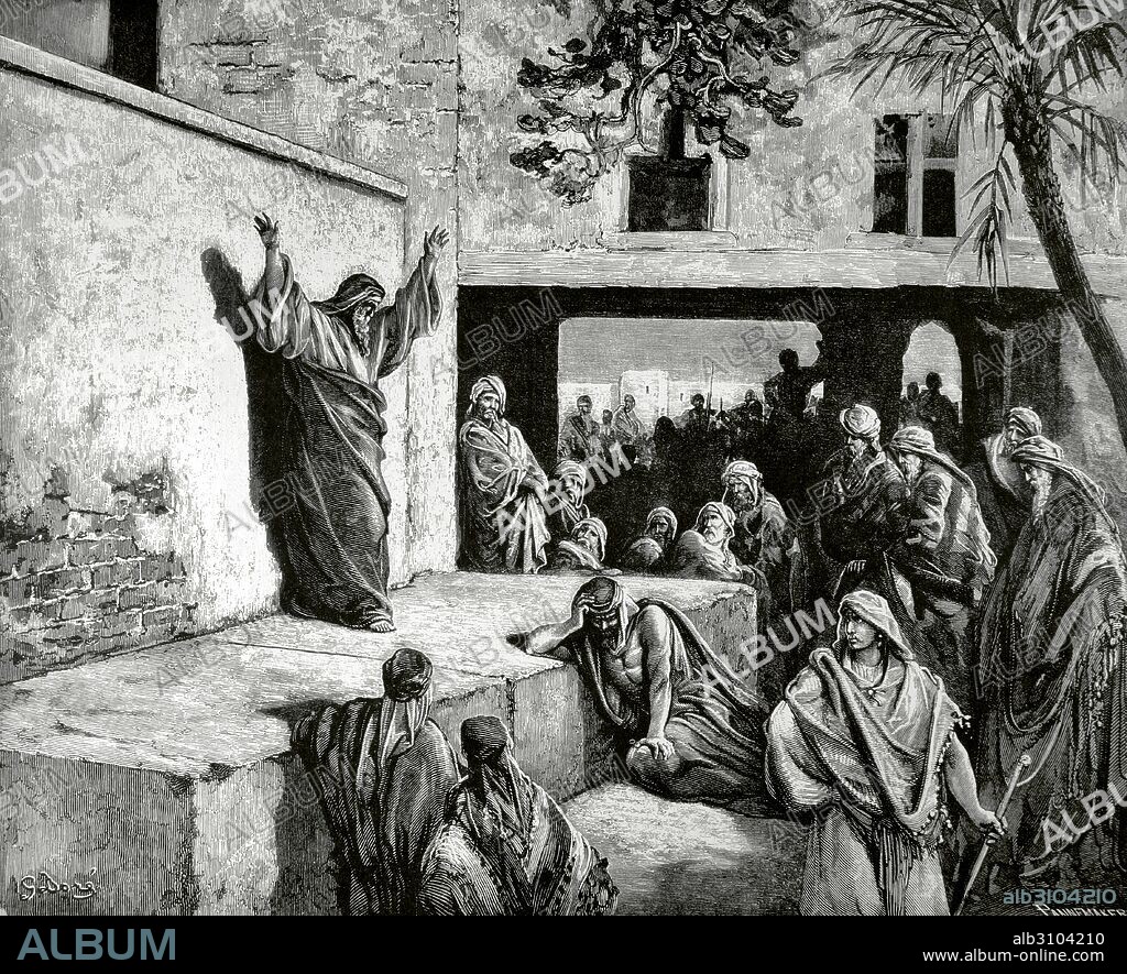 ANTIGUO TESTAMENTO. MIQUEAS. Profeta de origen campesino de finales siglo VIII aC. Dibujo de Gustave Doré. "Miqueas exhorta a Israel a la penitencia". Grabado de Paknemaker. Miqueas, Cap I, Ver, 11 al 16.